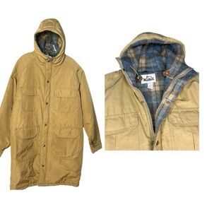 Vintage Woolrich Mountain Parka Jacket Tan XL Hooded Plaid Wool Lining Pockets